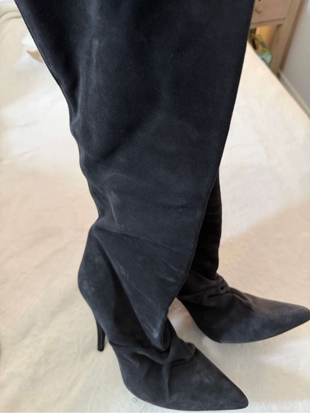 Pedro Garcia Ruched Women's Gray Suede Pointed-Toe Stiletto Knee-High Boots